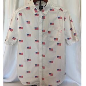 Mad Engine Men’s American Flag Print All Over Casual White Button Down Shirt L